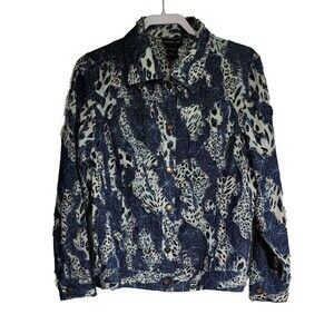 Morgan Cole Womens Distressed Jacket Size L Blue Ivory Animal Print Applique